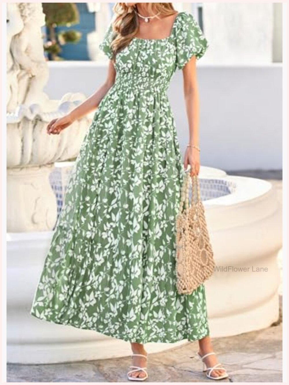 Puff Sleeve Maxi Dress Square Neck Smocked Tiered A-Line Flowy Pockets - Picture 2 of 7